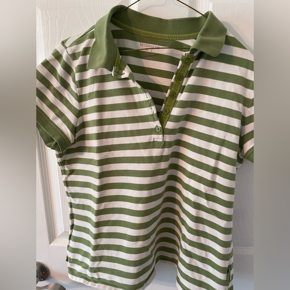 Liz Claiborne women’s top short sleeves stretch striped white and green large
